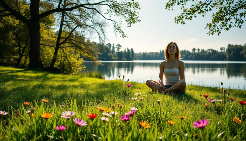 kobieta siedząca na łące szukająca samoakceptacji